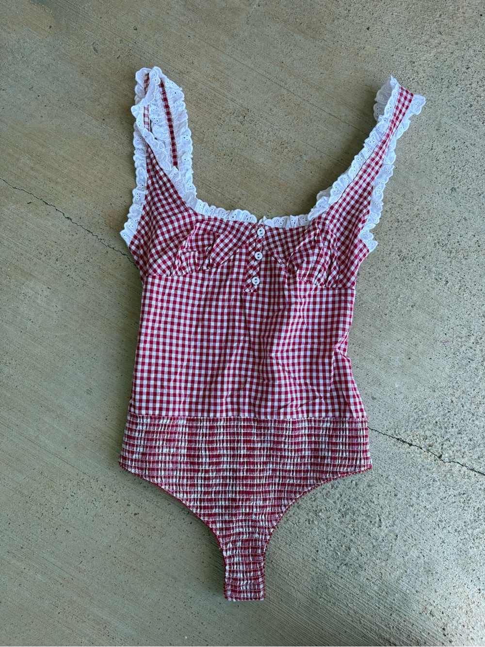 Free People Red and White Gingham Lace-Trim Bodysuit